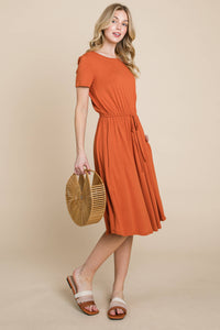 SOLID DRAWSTRING WAIST DRESS