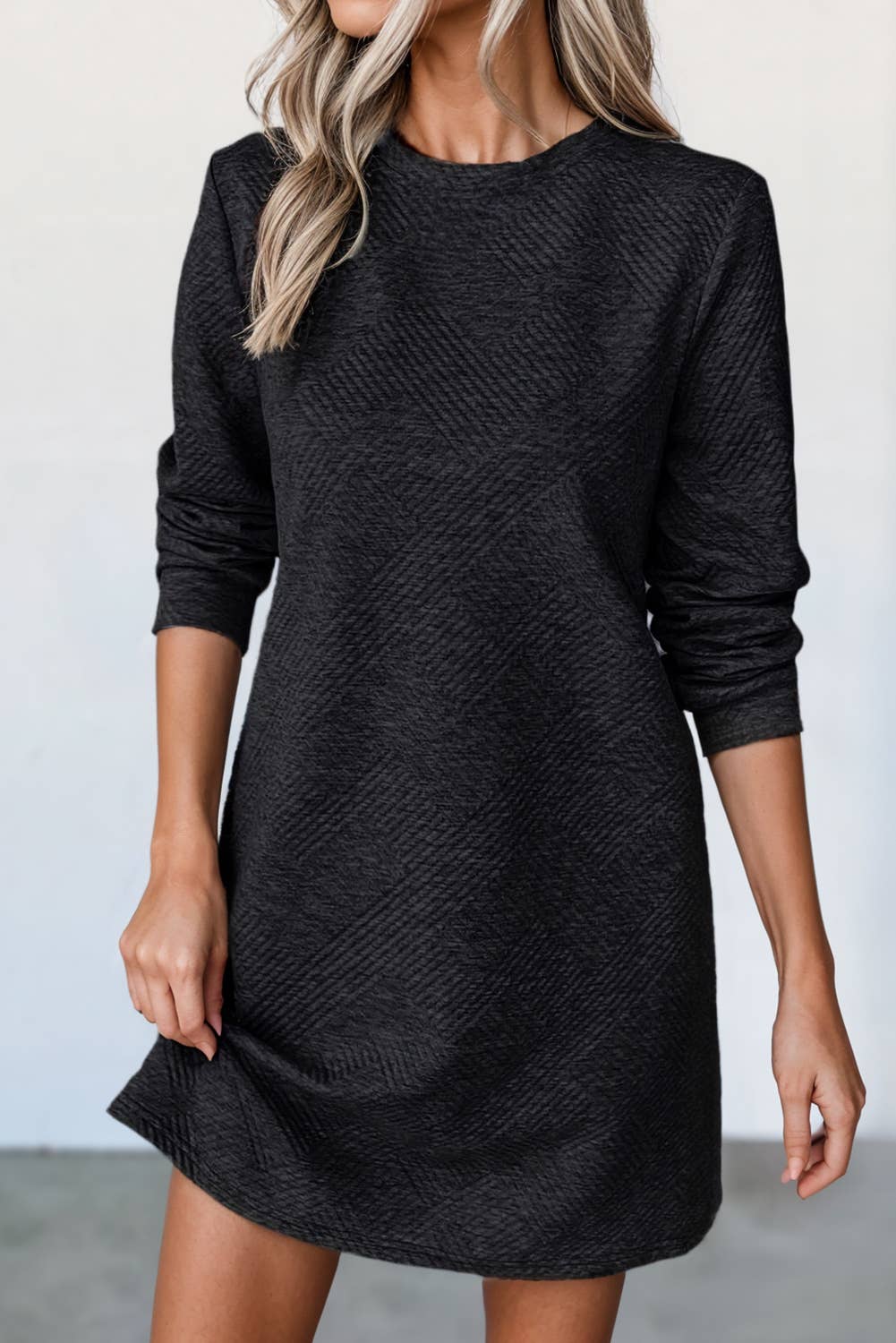 Textured Long Sleeve Shift Mini Dress