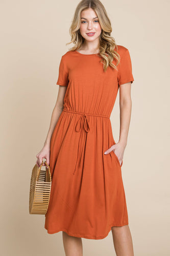 SOLID DRAWSTRING WAIST DRESS